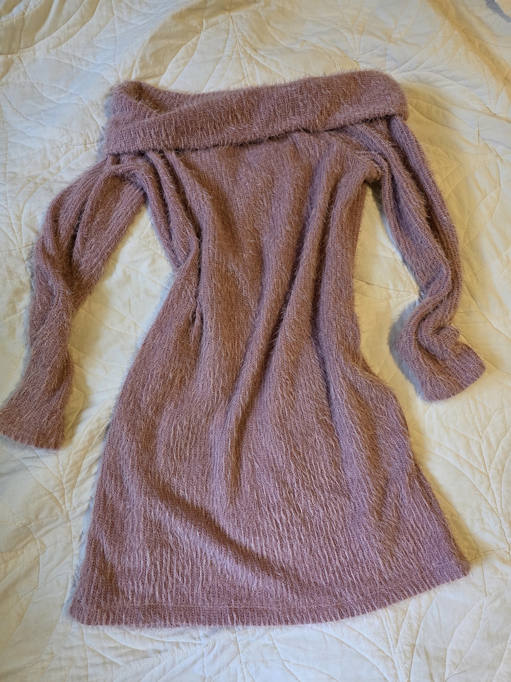 Xhilaration Off-the-Shoulder Fuzzy Knit Sweater Dress in Mauve